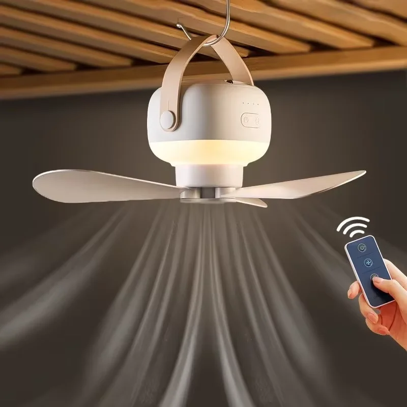 Outdoor Camping Fan - Draagbare draadloze mini-plafondventilator met afstandsbediening, nachtlampje,
